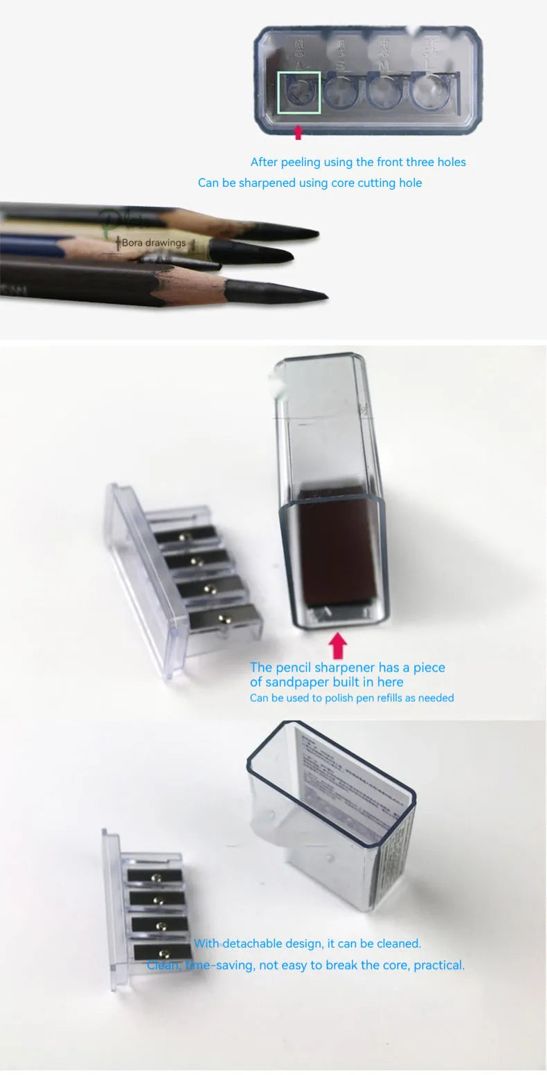 Geometric plastic pencil sharpener with four holes, shown with blades and a screwdriver.