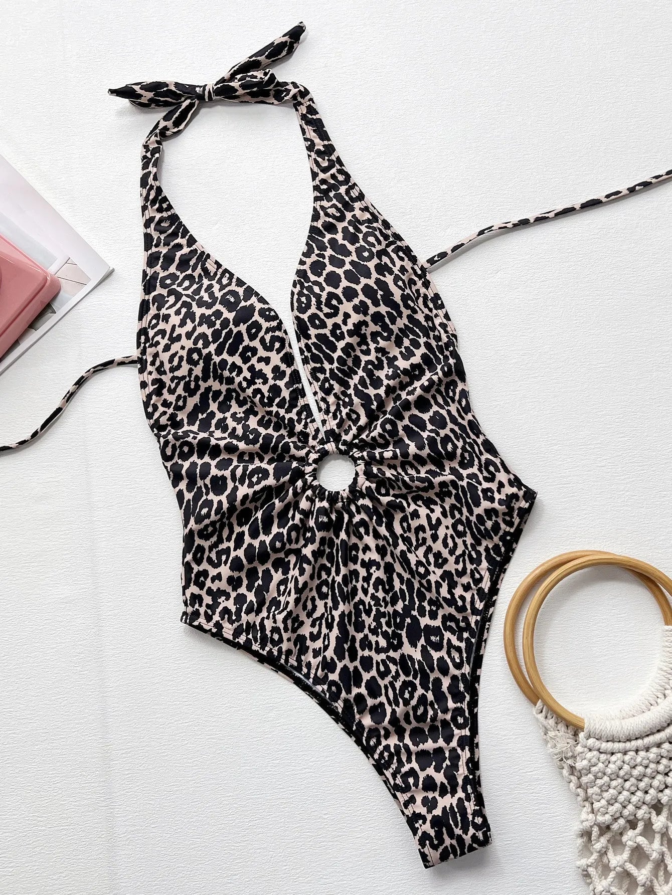 Leopard print women's one-piece swimsuit with hollow-out ring design in sizes S, M, L