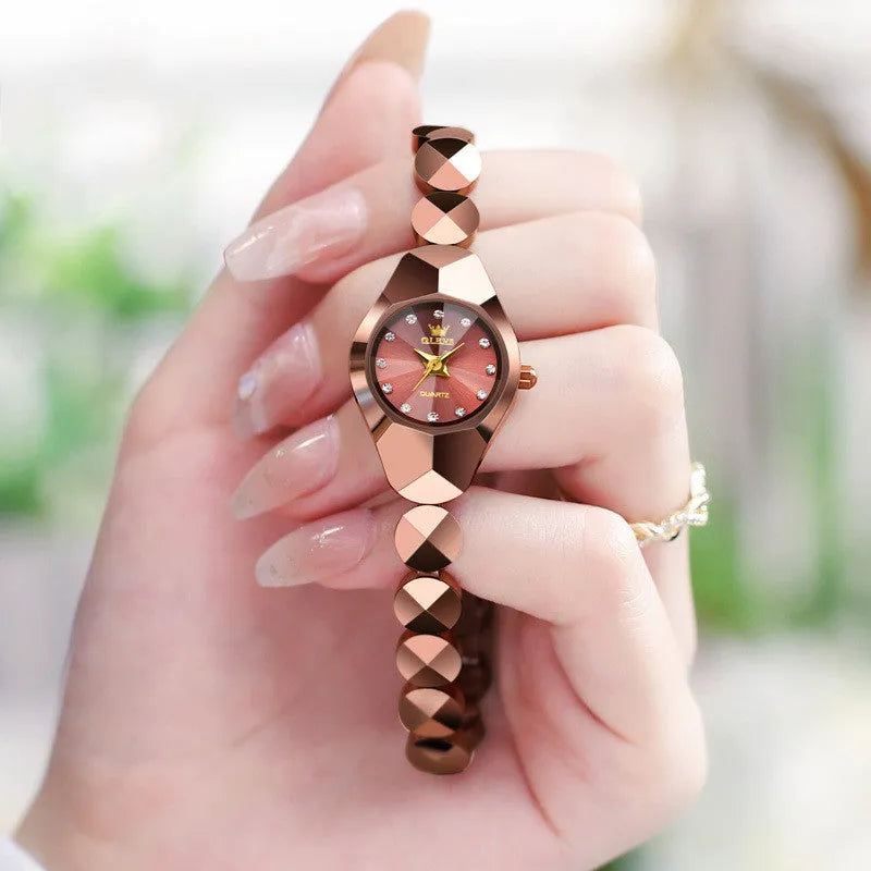Rose gold plated ceramic tungsten steel quartz watch with diamond inlay, 20mm case diameter, 8mm chain width