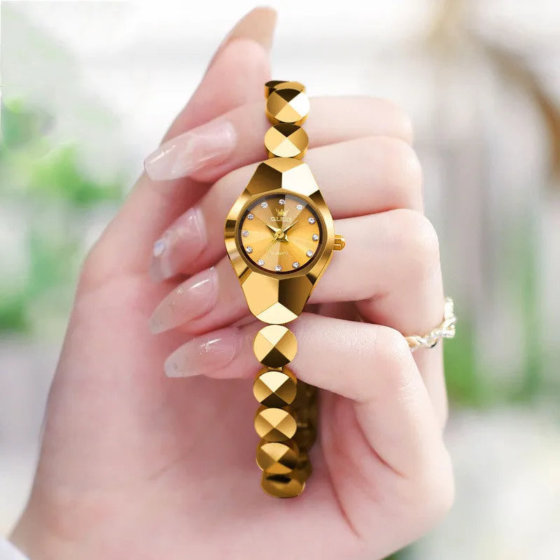 Rose gold plated ceramic tungsten steel quartz watch with diamond inlay, 20mm case diameter, 8mm chain width