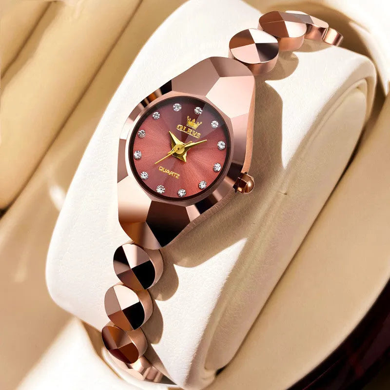 Rose gold plated ceramic tungsten steel quartz watch with diamond inlay, 20mm case diameter, 8mm chain width