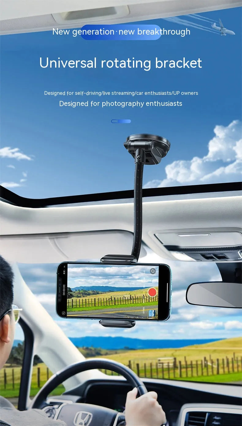 Black rotating metal car phone bracket with multi-angle adjustment for universal phone mounting