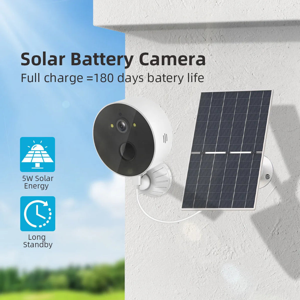 Outdoor solar-powered security camera with separate solar panel for 1080P monitoring.