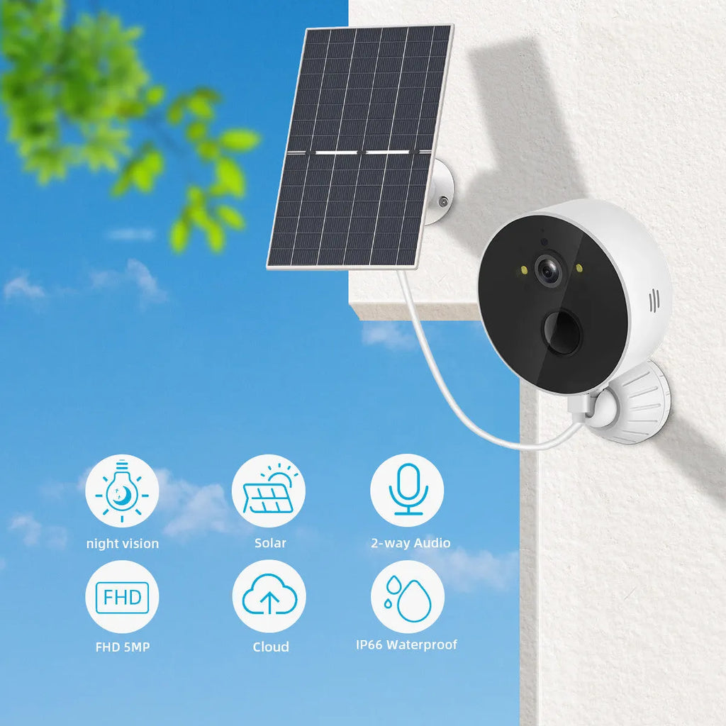 Outdoor solar-powered security camera with separate solar panel for 1080P monitoring.