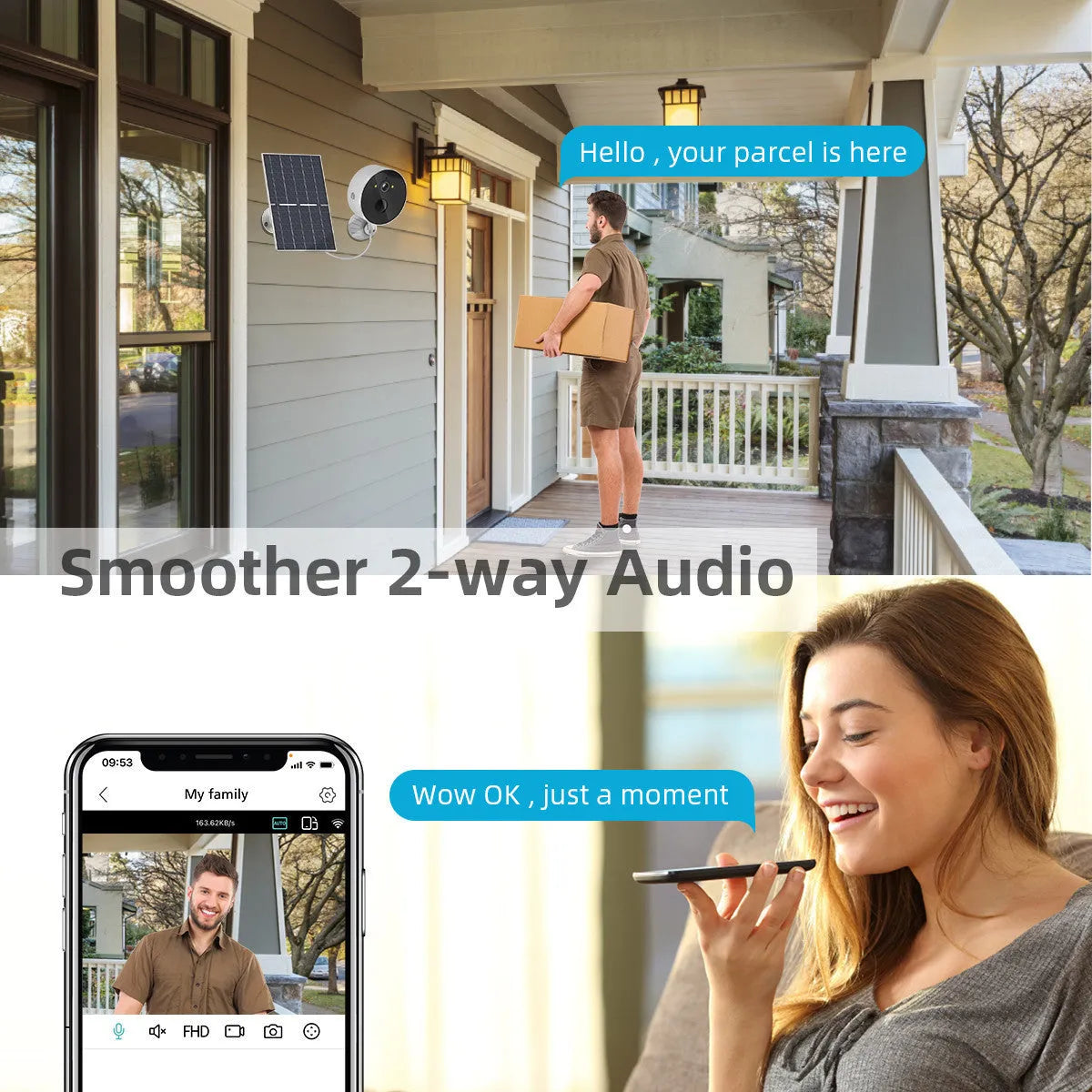 Outdoor solar-powered security camera with separate solar panel for 1080P monitoring.