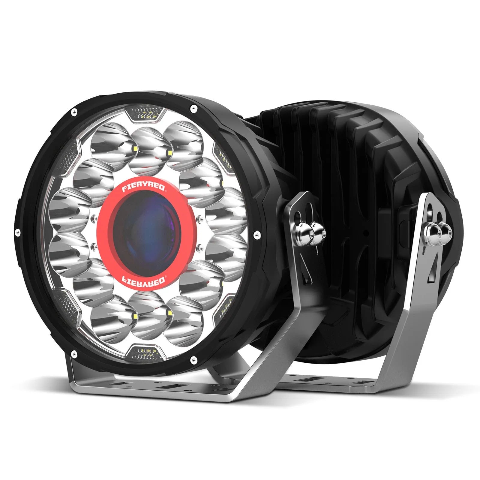 A pair of 7-inch round red LED off-road lights with an aluminium housing.