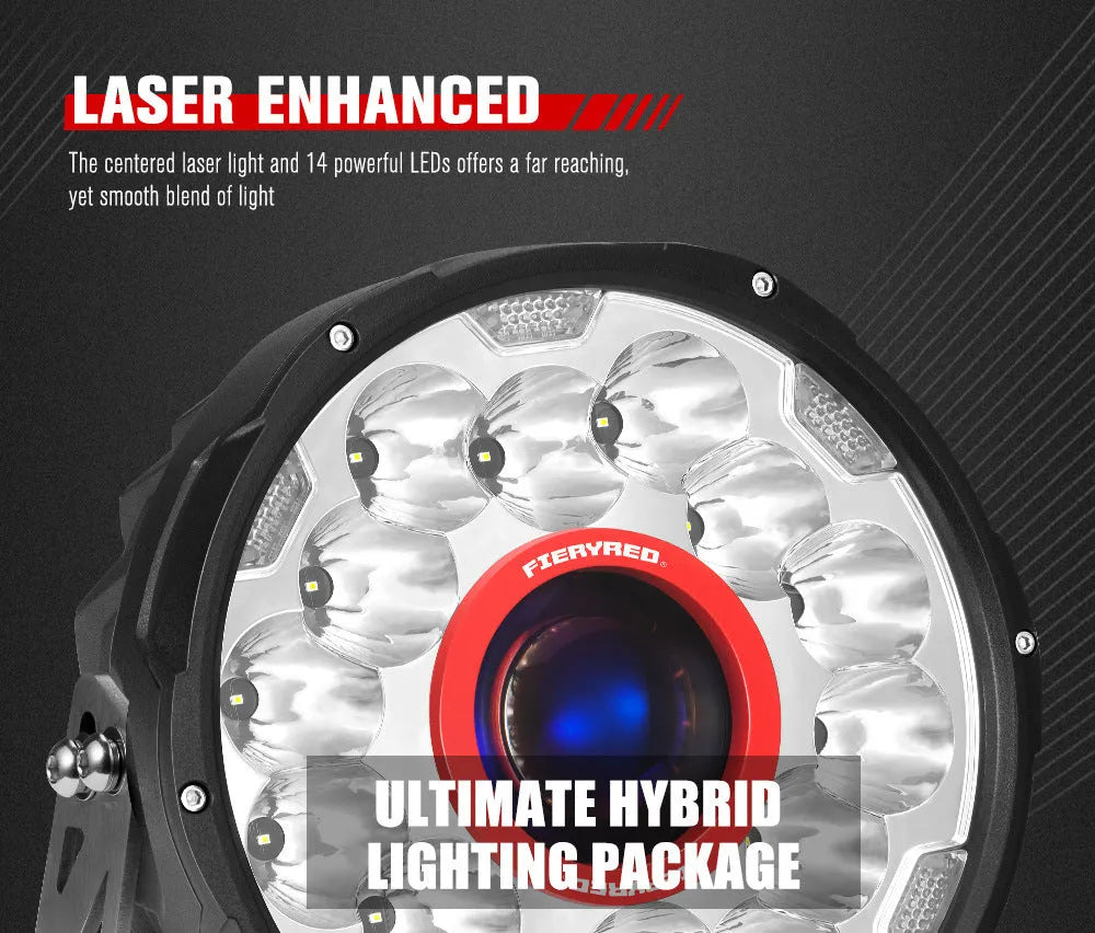 A pair of 7-inch round red LED off-road lights with an aluminium housing.