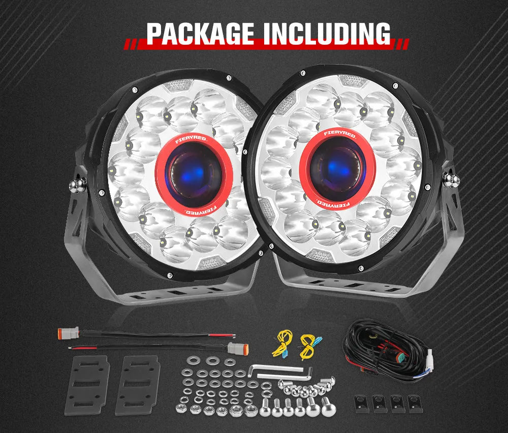 A pair of 7-inch round red LED off-road lights with an aluminium housing.