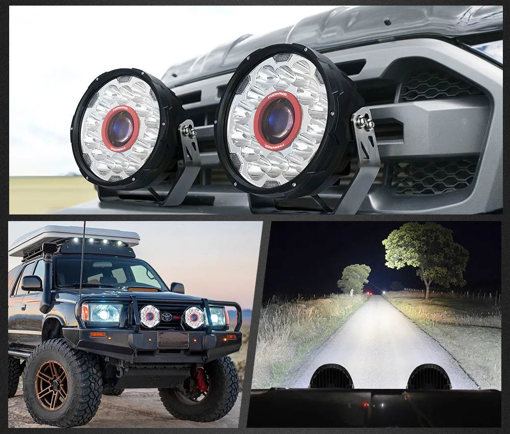 A pair of 7-inch round red LED off-road lights with an aluminium housing.