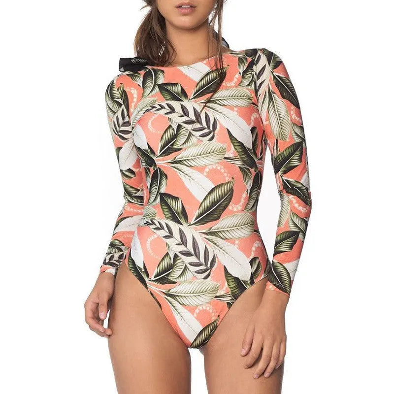 Women's leaf-print backless one-piece swimsuit in polyester fabric on a white background