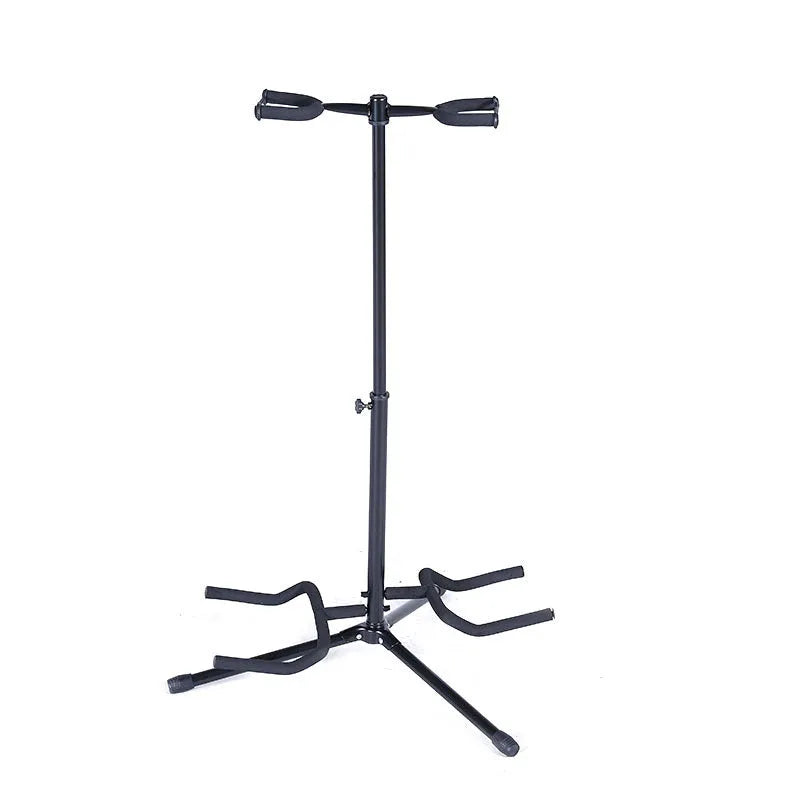 Black vertical double-headed adjustable guitar stand holding two guitars