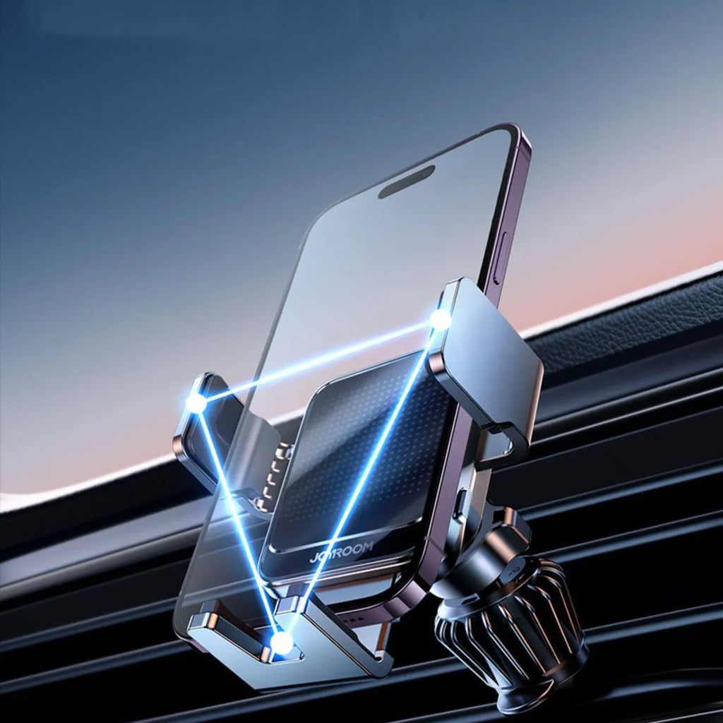 Black car wireless charging bracket mounted on an air vent, holding a mobile phone.