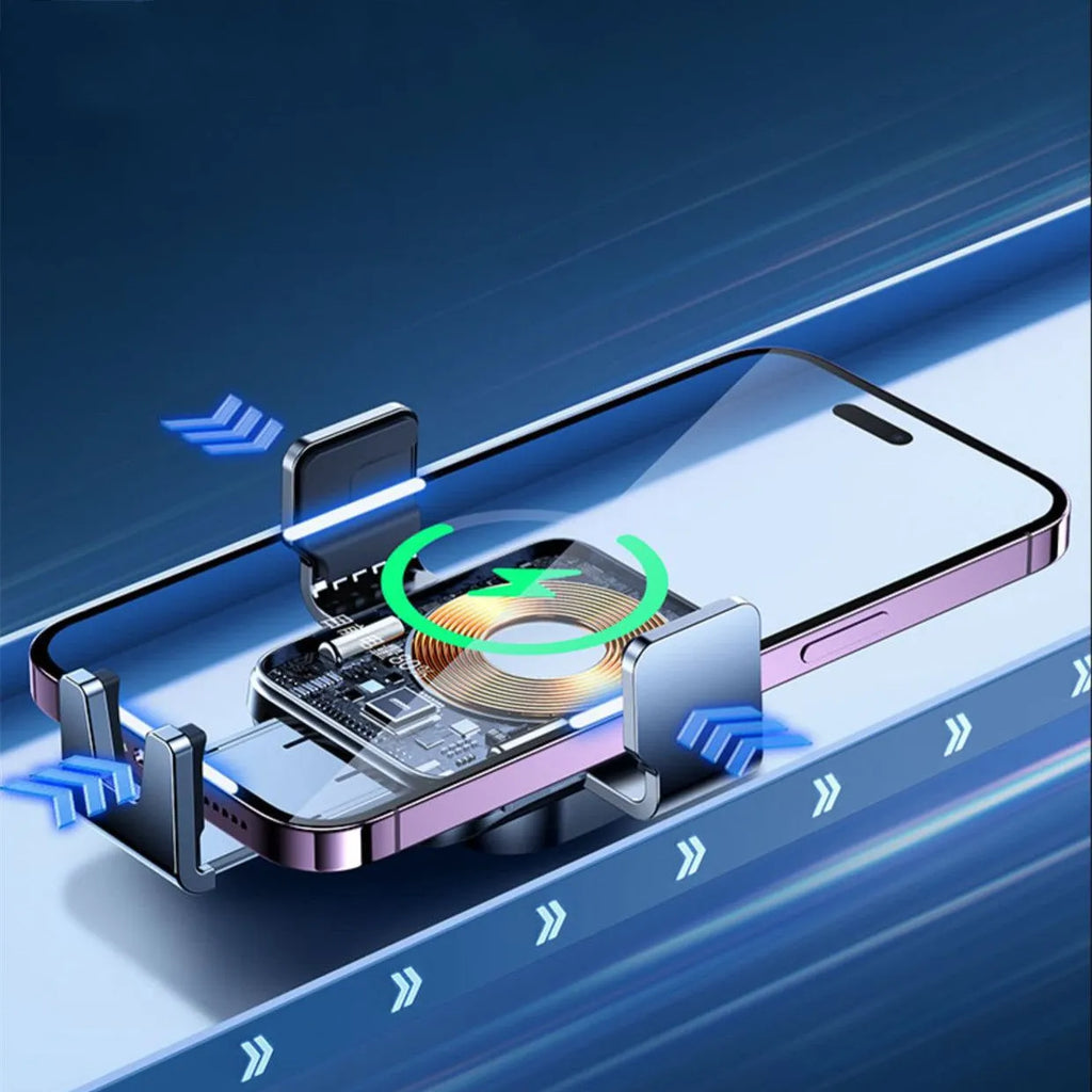 Black car wireless charging bracket mounted on an air vent, holding a mobile phone.
