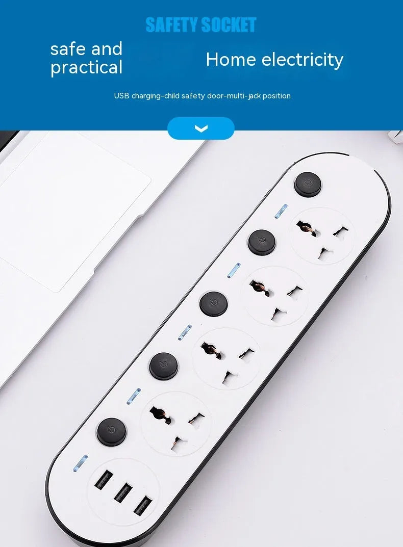 Multi-switch power strip with USB ports showing UK, US, and EU plug options and a coiled cable.