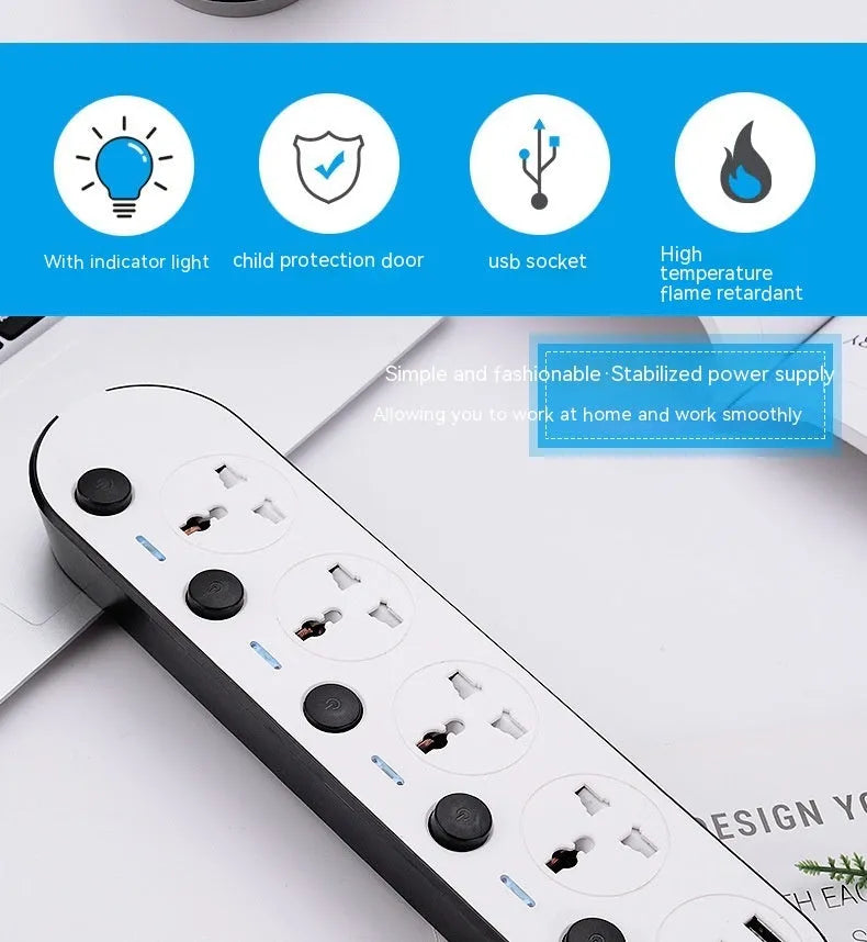 Multi-switch power strip with USB ports showing UK, US, and EU plug options and a coiled cable.