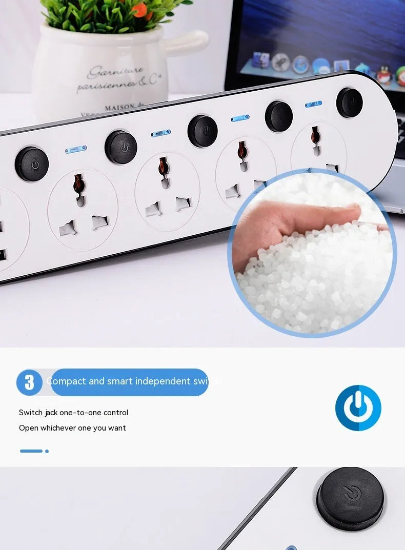 Multi-switch power strip with USB ports showing UK, US, and EU plug options and a coiled cable.