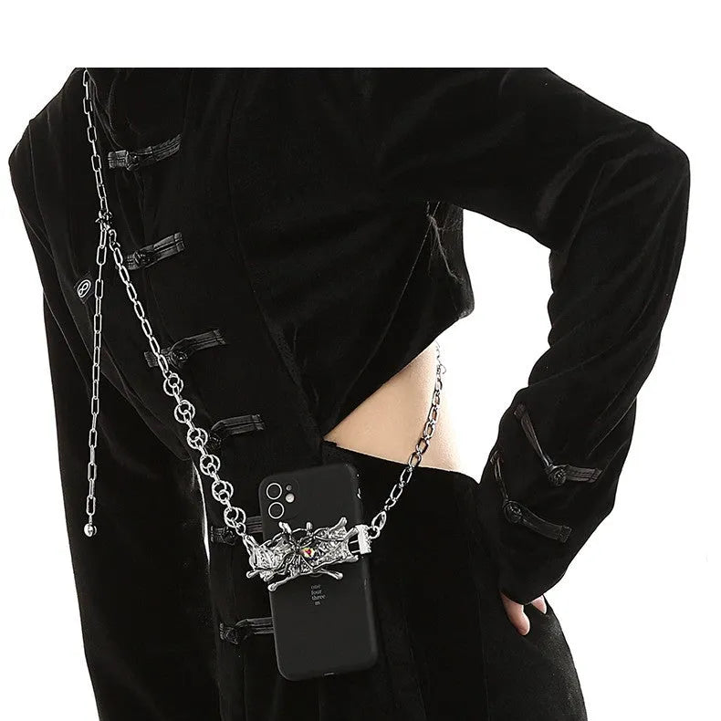 Spider moonstone alloy phone charm with electroplated silver finish and insect pattern pendant on chain.
