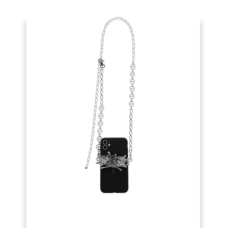 Spider moonstone alloy phone charm with electroplated silver finish and insect pattern pendant on chain.