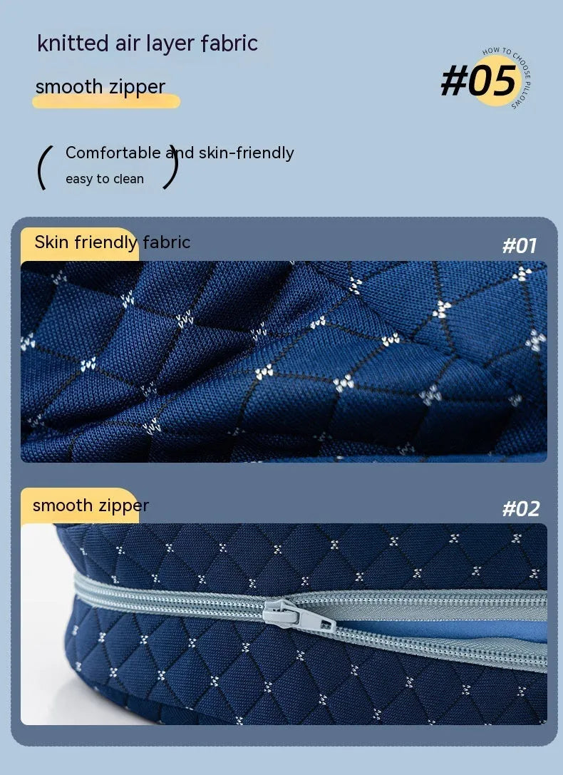 A dark blue jacquard love heart-shaped memory foam leg pillow for adults.