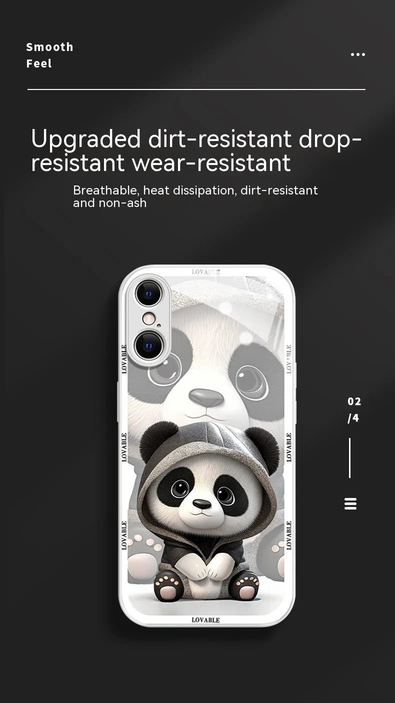 Black glass phone case with liquid silicone sleeve featuring milk tea panda design for iPhone 13