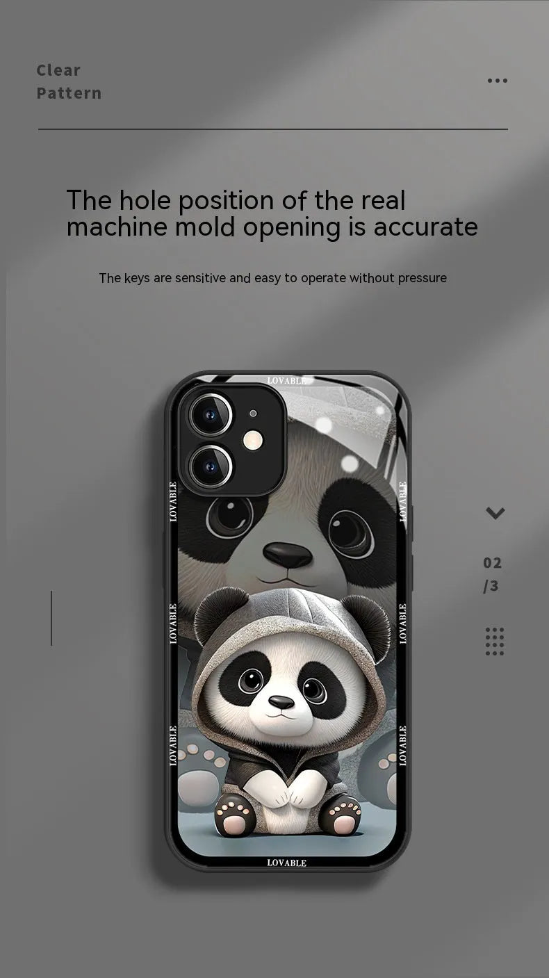 Black glass phone case with liquid silicone sleeve featuring milk tea panda design for iPhone 13