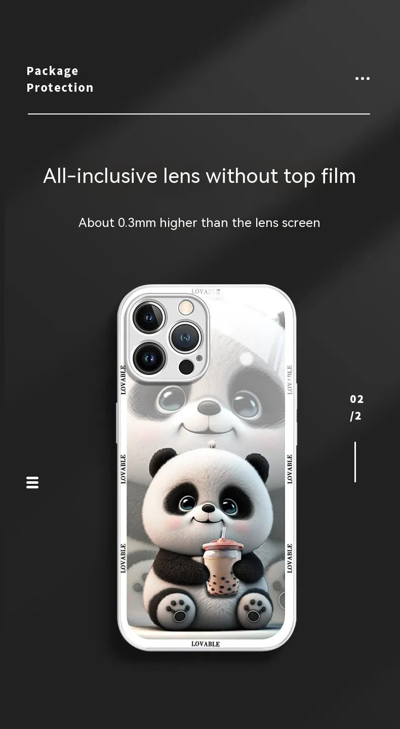 Black glass phone case with liquid silicone sleeve featuring milk tea panda design for iPhone 13