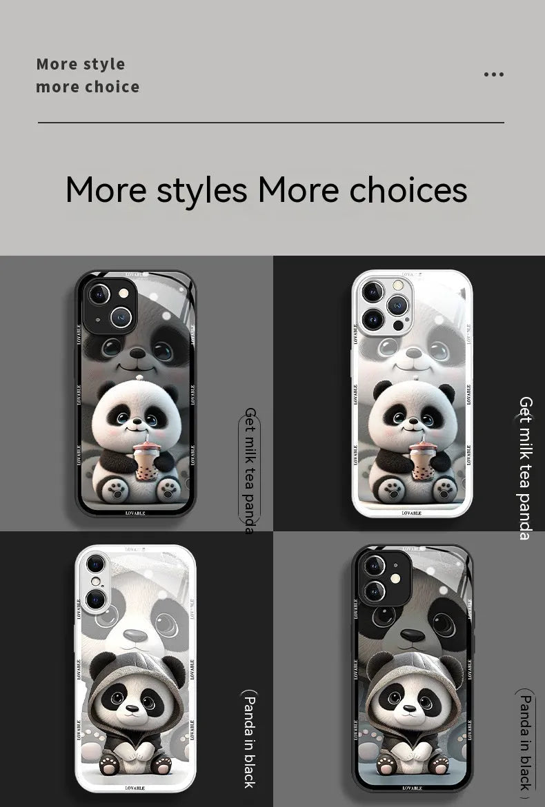 Black glass phone case with liquid silicone sleeve featuring milk tea panda design for iPhone 13