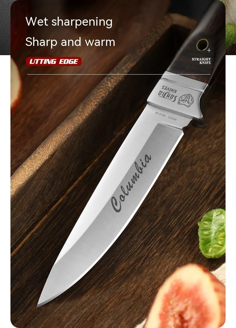 Camping multifunctional portable fruit knife with leather case and stainless steel blade