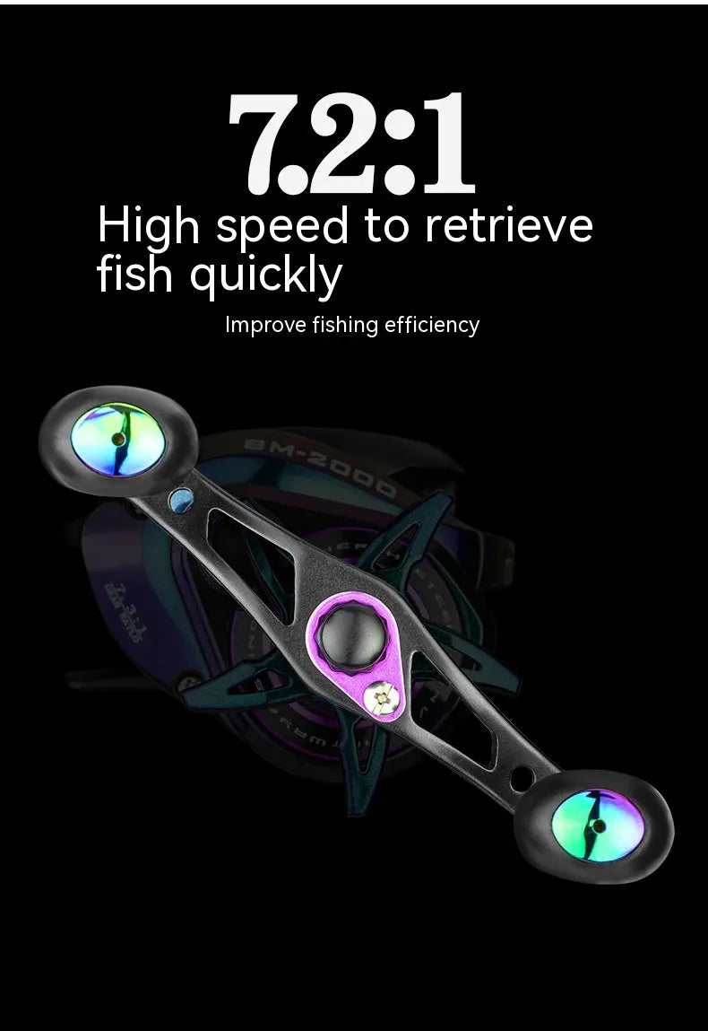 Colourful BM2000 fishing reel with magnetic brake system, shown in left-hand and right-hand retrieve options.