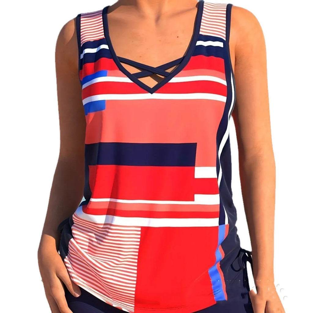 Women's printed split boxer swimsuit set with matching top and shorts on a mannequin.
