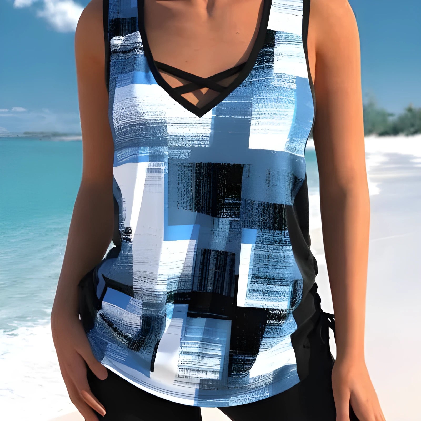 Women's printed split boxer swimsuit set with matching top and shorts on a mannequin.