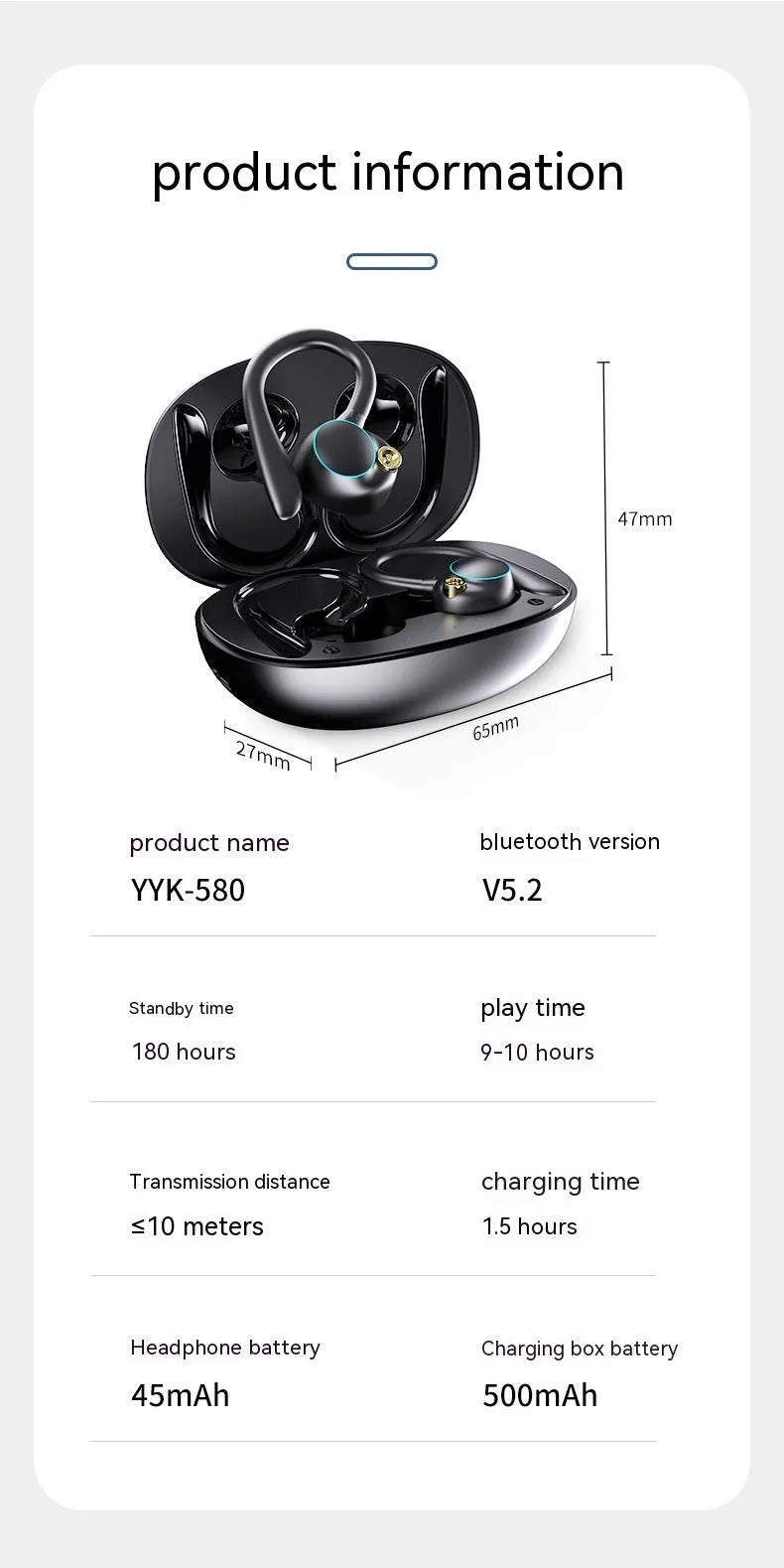 YYK-580 Bluetooth headset with digital display and ear hook design in black