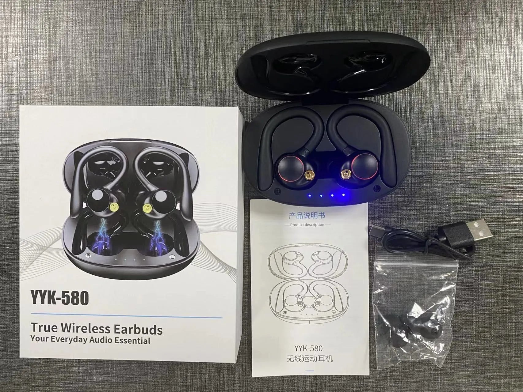 YYK-580 Bluetooth headset with digital display and ear hook design in black