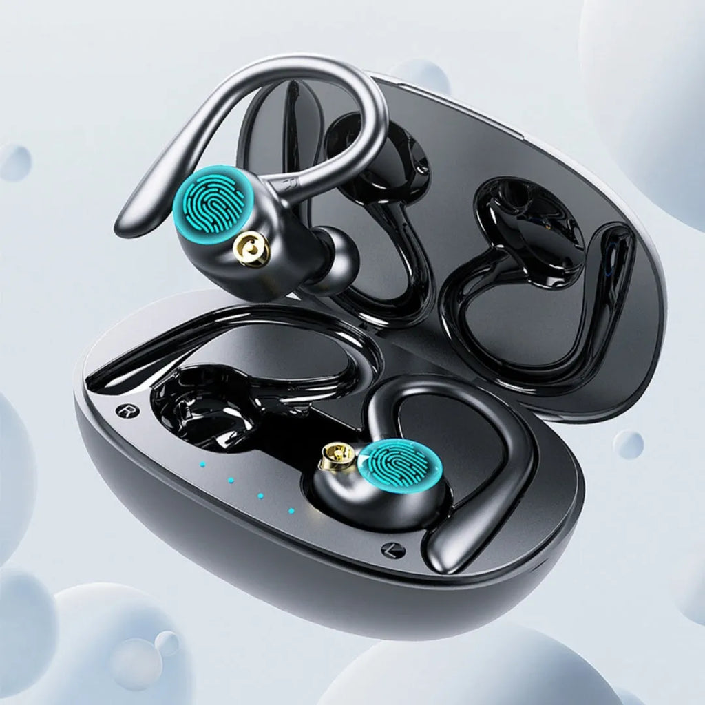 YYK-580 Bluetooth headset with digital display and ear hook design in black
