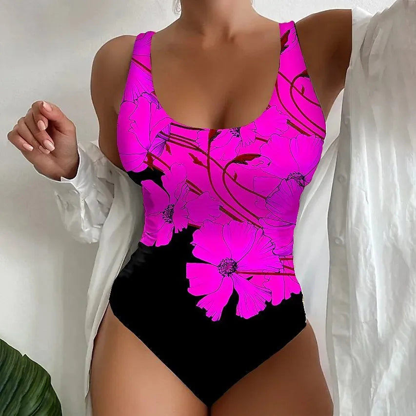 Women's 3D printed one-piece swimsuit in Lycra fabric available in orange red, purple, and sky blue colours