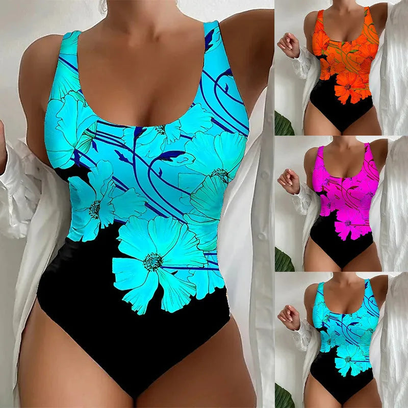 Women's 3D printed one-piece swimsuit in Lycra fabric available in orange red, purple, and sky blue colours