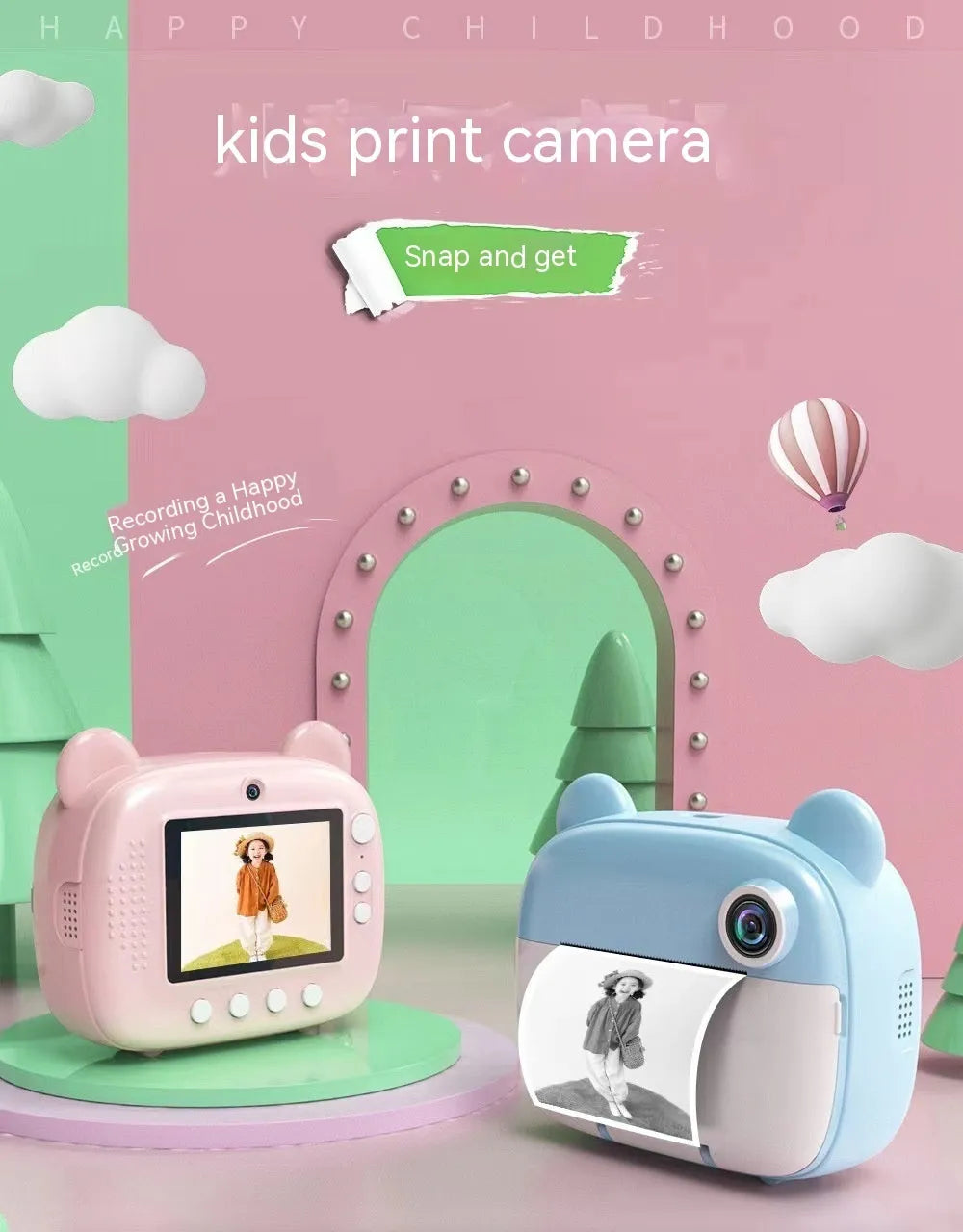 Pink children's printing camera with HD dual lenses, lanyard, and crayons on white background