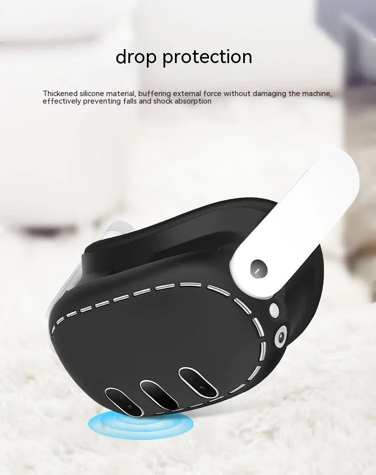 Black silicone protective cover for Oculus Quest 3 VR headset host with clip belt attachment method