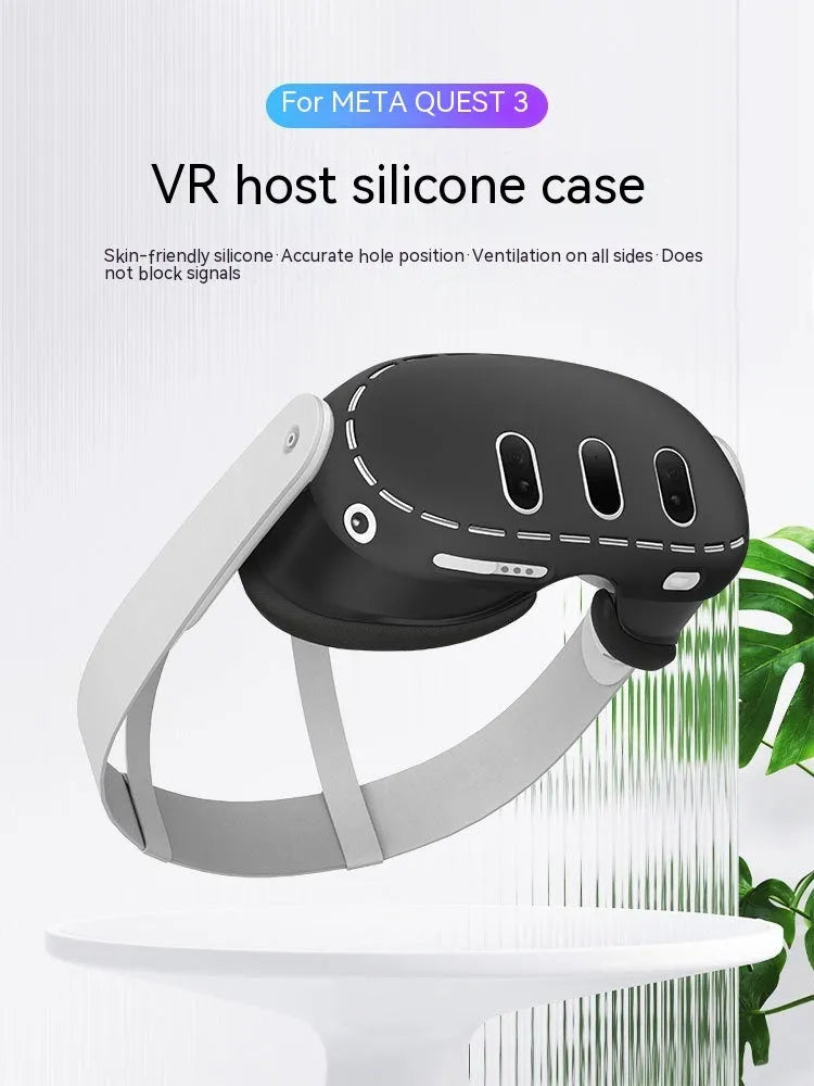 Black silicone protective cover for Oculus Quest 3 VR headset host with clip belt attachment method