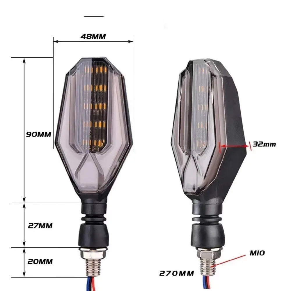 Pair of motorcycle LED indicator lights with coloured light guide options on black background