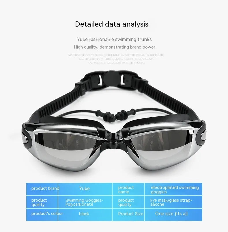 Men's black 5-piece swimming set showing swimming trunks, goggles, cap, ear plugs with nose clip, and carrying bag