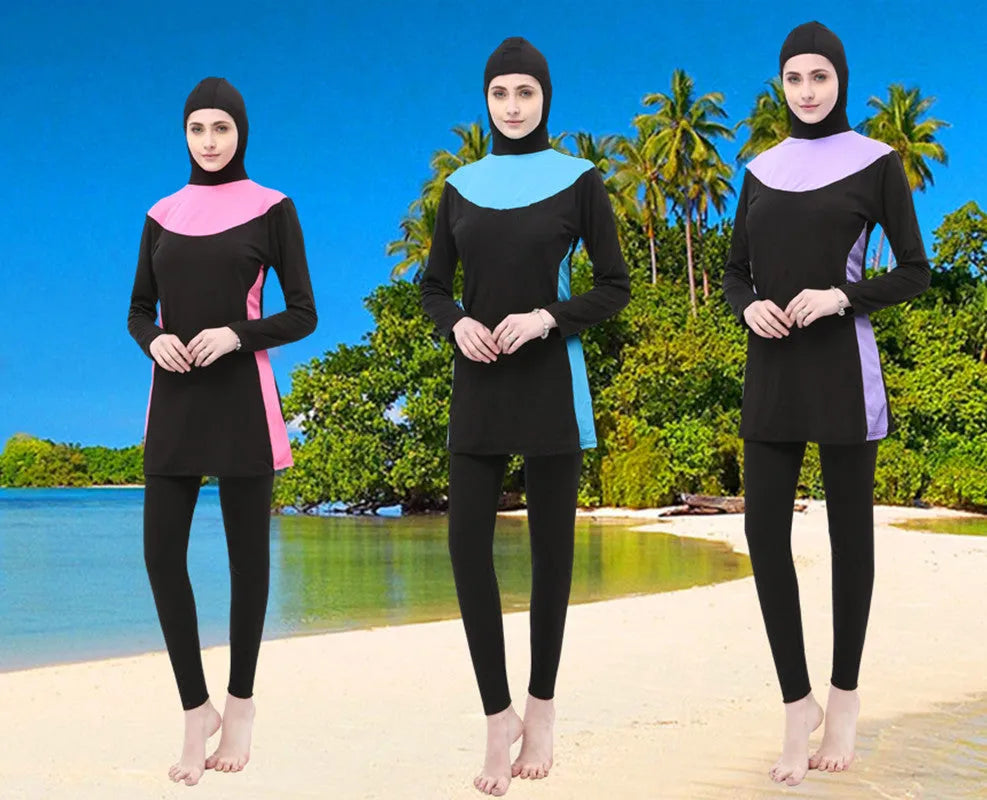 Conservative women's hooded swimsuit with long sleeves in black and rose red.