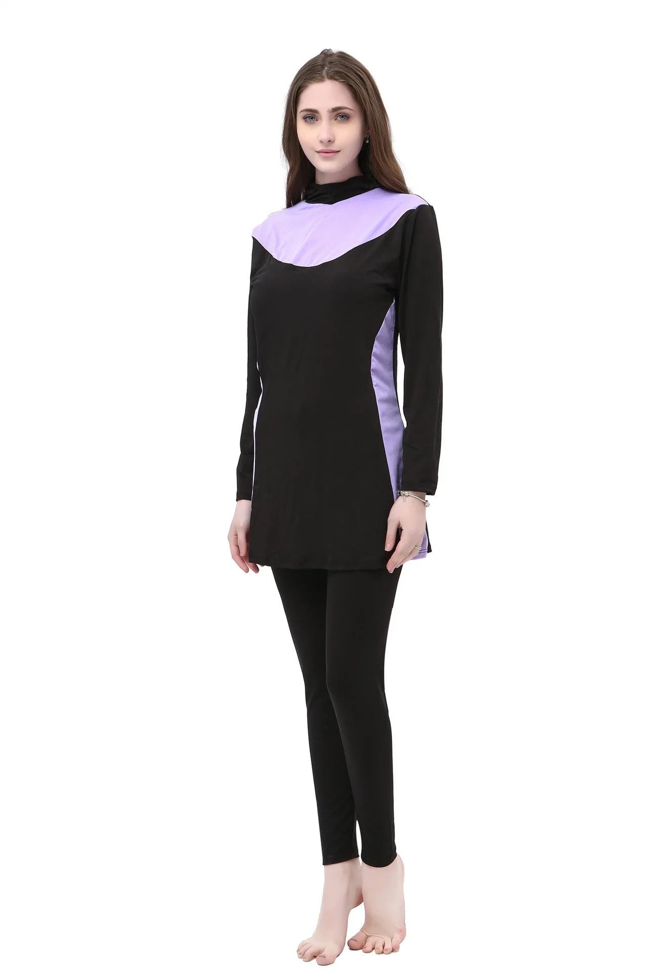 Conservative women's hooded swimsuit with long sleeves in black and rose red.