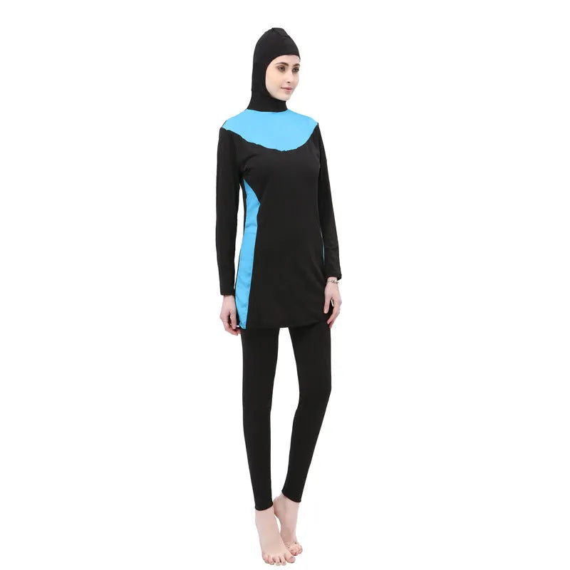 Conservative women's hooded swimsuit with long sleeves in black and rose red.
