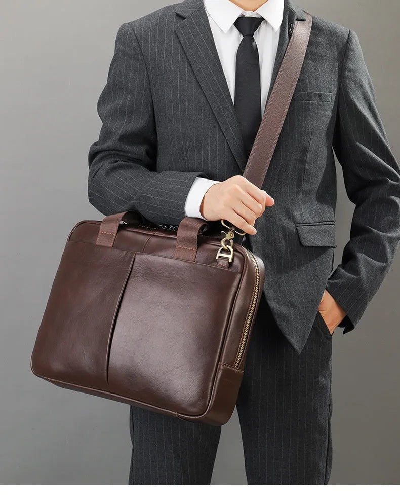 Genuine leather large capacity horizontal briefcase for men in black, first layer cowhide exterior with sewing line detailing