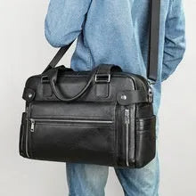 Genuine leather large capacity horizontal briefcase for men in black, first layer cowhide exterior with sewing line detailing