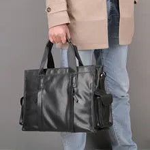 Genuine leather large capacity horizontal briefcase for men in black, first layer cowhide exterior with sewing line detailing