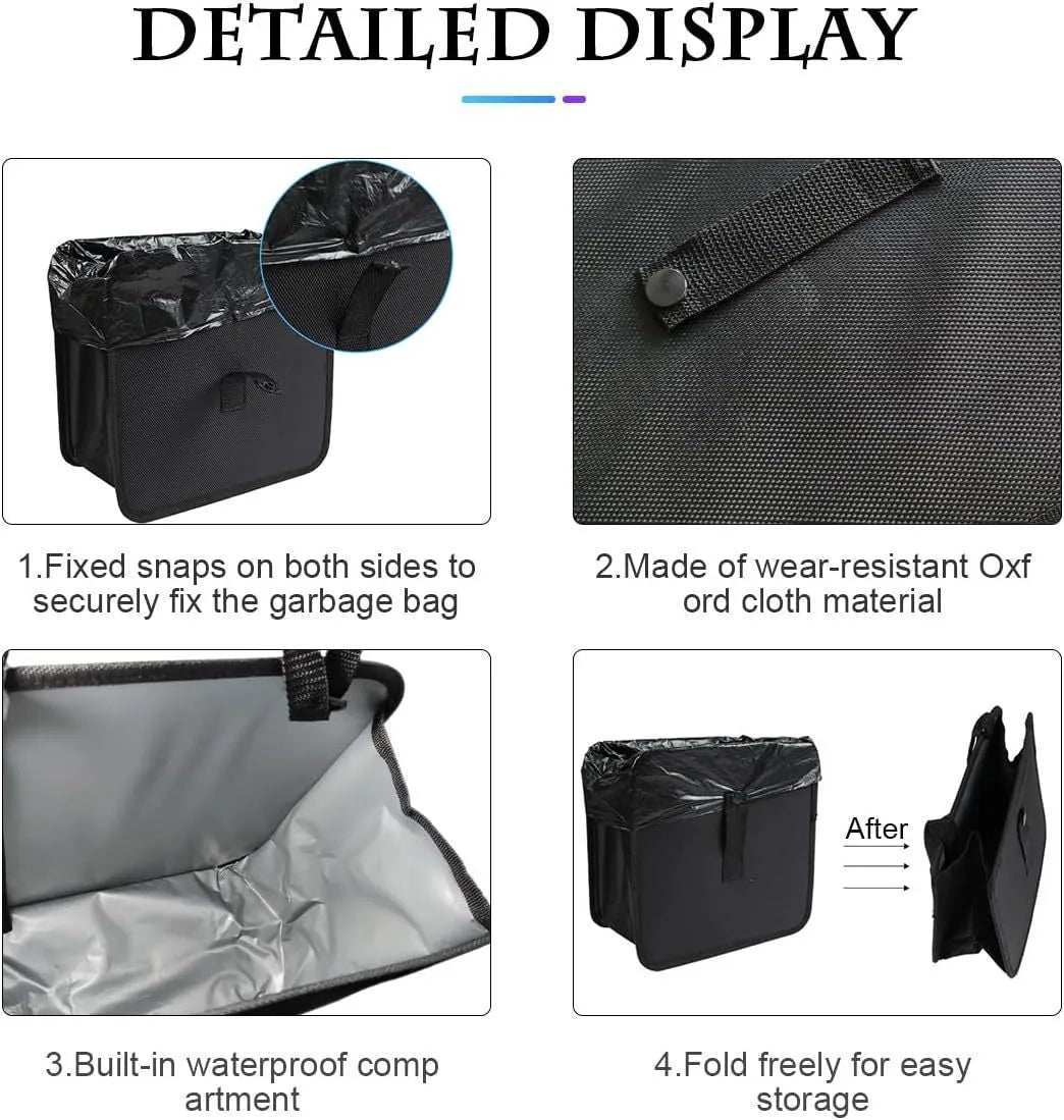 Black hanging car trash can made from Oxford cloth, showing its size and hanging loop.