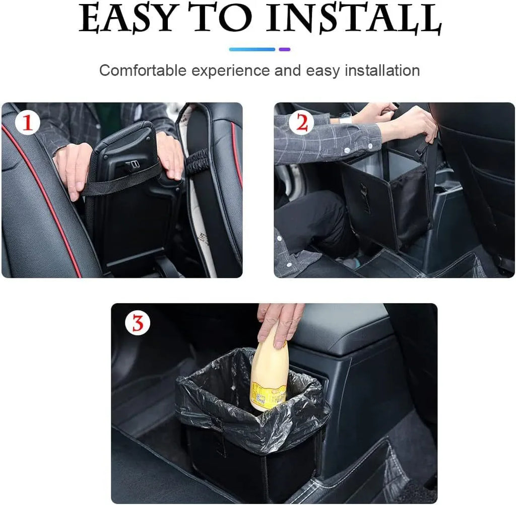 Black hanging car trash can made from Oxford cloth, showing its size and hanging loop.