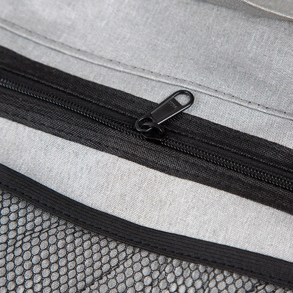 Car trunk hanging storage shopping bag in black with red piping, showing Oxford cloth construction and reinforced handle